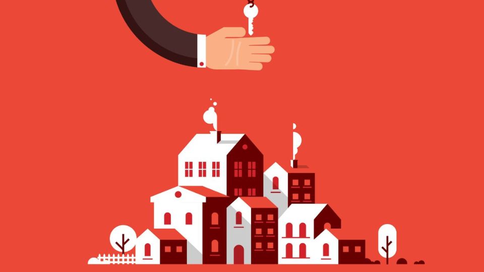 Remise des clés pour gestion locative Illustration d'une main tendant des clés au-dessus de plusieurs maisons sur fond rouge.